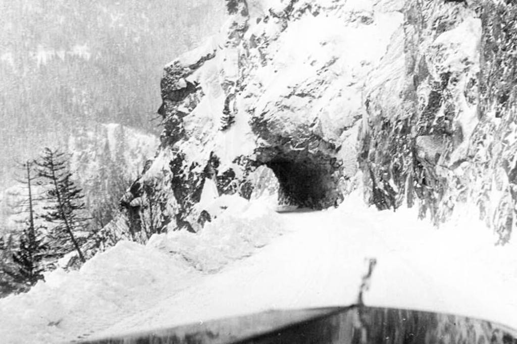 Truck driver Bill Seldon took this 1948 photo of the northernmost of the two tunnels at Hell&rsquo;s Gate on Highway 1 in the Fraser Canyon, looking north. (Bill Seldon/Facebook)