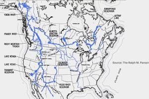A map from the Ralph M. Parsons Company c. 1964 shows the plan for the North American Water and Power Alliance project. The blue lines represent areas that would be flooded to provide trenches and reservoirs for getting water from Alaska and Canada to the Prairie provinces and the western United States, putting millions of hectares of land under water and submerging entire cities, such as the city of Prince George. (Ralph M. Parsons Company)