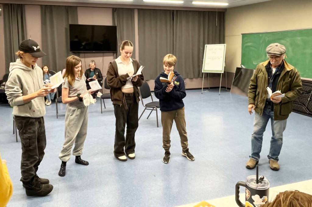 Your one chance to see Kevin Beenham (r) as Mr. Beaver in the upcoming WRAPS production of &lsquo;The Lion, the Witch and the Wardrobe,&rsquo; as he subsequently moved to another role and was replaced by Jan Schmitz. He&rsquo;s pictured with (from l) Nathan English (Peter), Avaya Romyn (Lucy), Shelby Patterson (Susan), and Nathan English (Peter) at a rehearsal on Jan. 27. (Barbara Roden/Ashcroft-Cache Creek Journal)