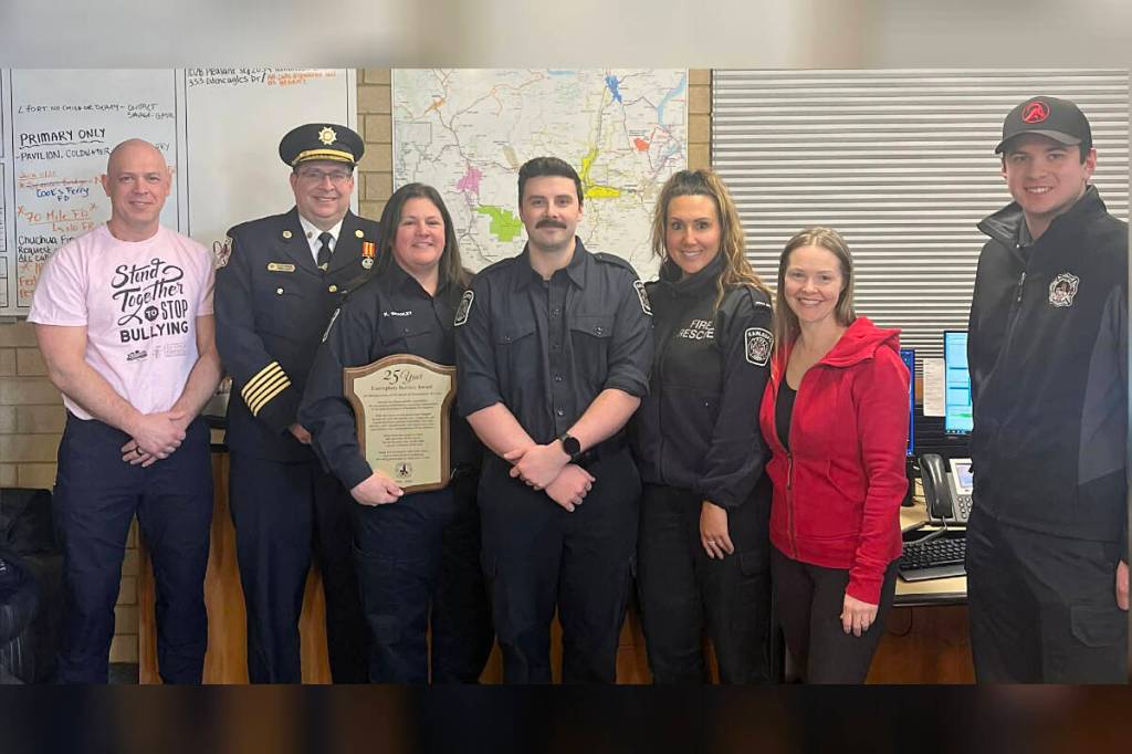 On Feb. 25, members of Ashcroft Fire Rescue presented an Exemplary Service Award to Kamloops Fire Dispatch, in recognition of 25 years of service. (from l) Kamloops Fire Rescue Assistant Chief Scott Johnson; Ashcroft Fire Chief Josh White; Kristina Bradley, lead communications operator Kamloops Fire Rescue dispatch; Anthony Arduini, dispatcher; Jenna Stouse, dispatcher; Nikki de Pfyffer, dispatcher; Ashcroft Captain Hayden Aie. (Ashcroft Fire Rescue)